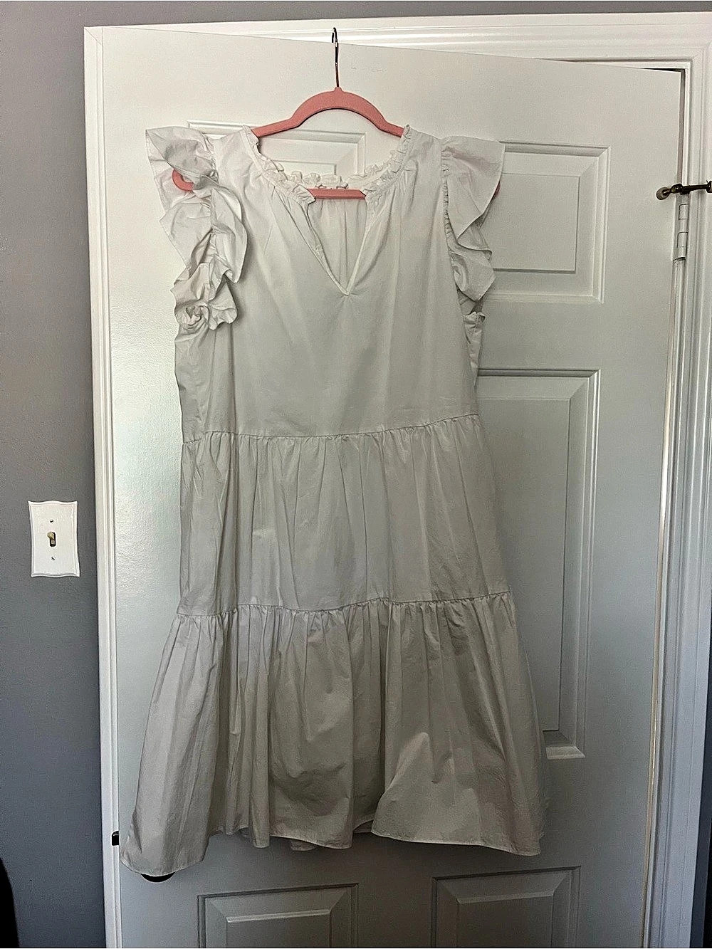 A Love A V-Neck Flutter Sleeve Tiered Poplin Maxi Dress White